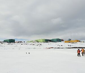 A large group of people wearing high visibility winter clothes stand on sea ice in front of colourful station buildings with a large group of penguins standing to one side