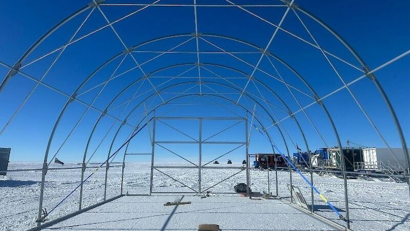The steel framework of the cylindrical mechanical tent.