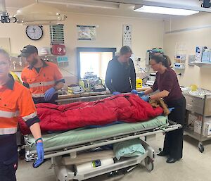 Members of the SAR team who found Jess assisting station doctor Shanna in the medical centre, with Jess wrapped in a red sleeping bag on a stretcher