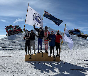 Six people standing on a podium after a sporting challenge. Two Australians are standing in the winning position with the Australian flag behind them.