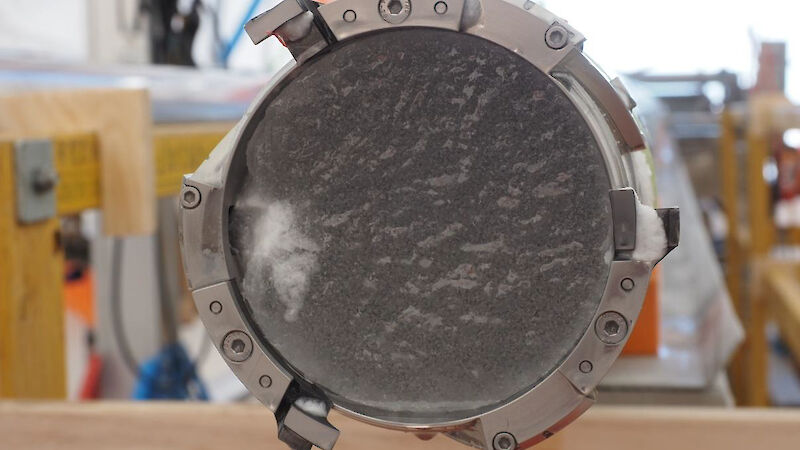 View of ice at the end of a circular cutting barrel.