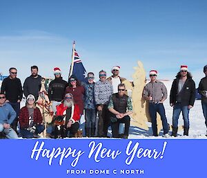 A team photo on the ice, with some people wearing Santa hats. The team are arranged around an Australian flag and a wooden cutout of a kangaroo.