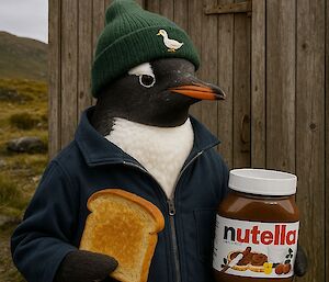 An AI generated image of a cartoon penguin wearing a green beanie and blue jacket and holding a jar of Nutella outside a building with a 'BOM Tech" sign