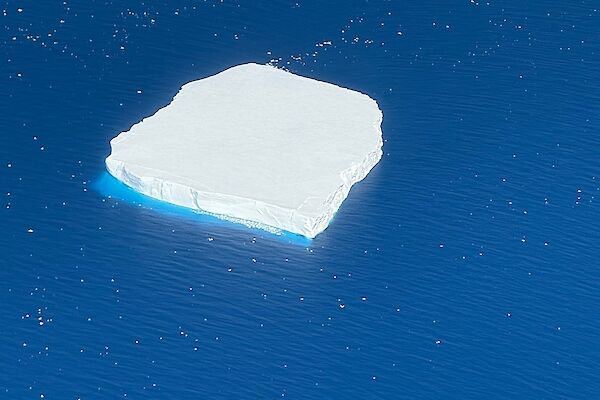 Aerial view of a tabular iceberg in a blue ocean