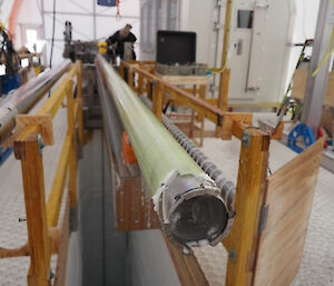 An ice core in the end of the drill barrel.
