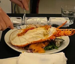A white napkin in foreground, a butterflied crayfish on a dinner plate, and some hands ready to start eating the food.