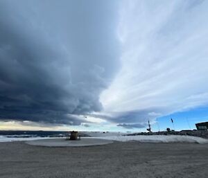 The view from the Red shed helipad, with a spectacular sky of cloud rolling across the sky