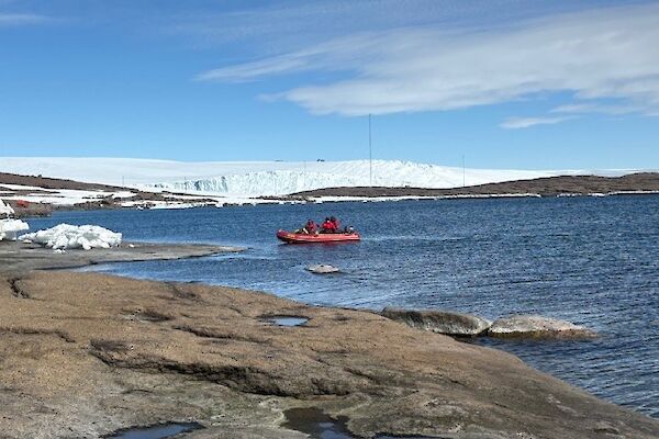 A small inflatable rubber boat pulling in to the rocky coastline, with an elevated snowy peak behind.