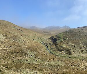 A creek line weaves between two hills in a grassy landscape. In the distance background is a range of steep hills.
