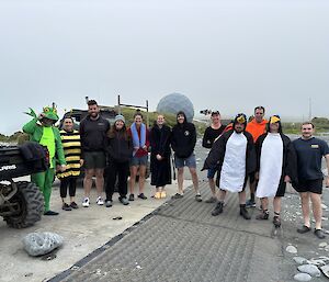 Twelve people wearing a range of costumes and bathers pose for a photograph before entering the water.