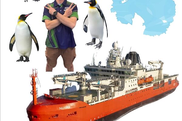 A poster with a photo of Josh and 'Farewell Josh' written on it, with pictures of penguins, the RSV Nuyina and the Antarctic continent