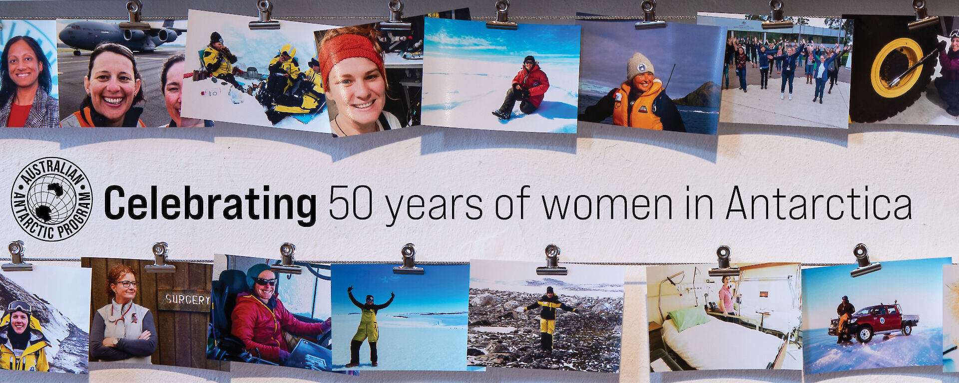 A collage of different photos of women doing things in Antarctica.