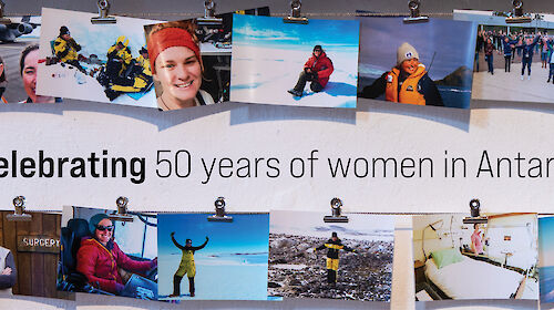 A collage of different photos of women doing things in Antarctica.