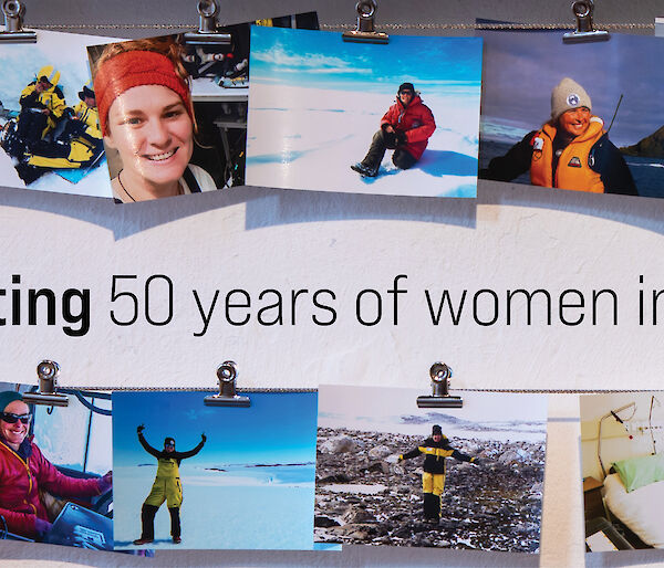 A collage of different photos of women doing things in Antarctica.