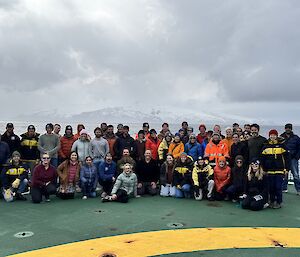 A group of men and women standing and sitting on the deck of a ship with Heard Island in the background.