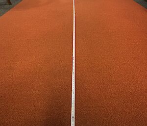 A measuring tape is shown along the floor measuring from the wall to the gold metallic 'throwing line'.