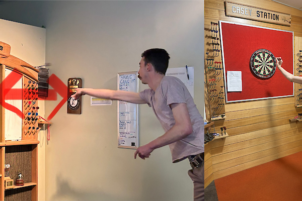 A side by side of two pictures of a tall man throwing darts at a board. In the right hand picture he can almost reach the board